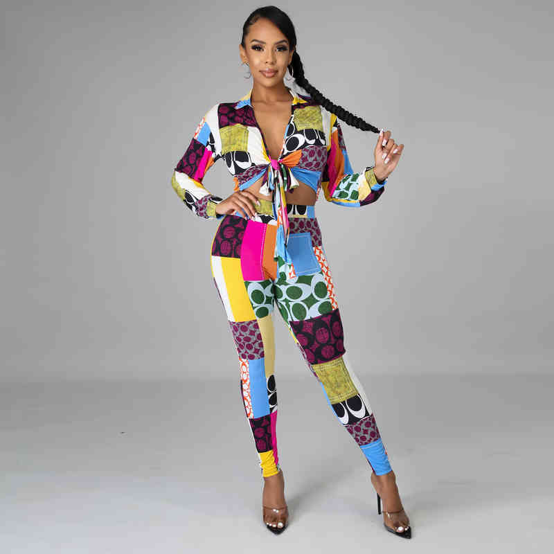 

Womens Long Sleeve Lapel Top Casual Printing Temperament Commuter Tights Fashion Two-piece Set, Gray