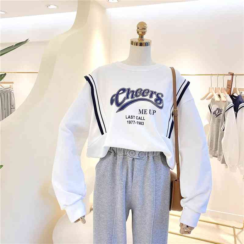 

2021 new loose Korean alphabet printing BF lazy splicing fake two-piece sweater women's spring and autumn thin style, White