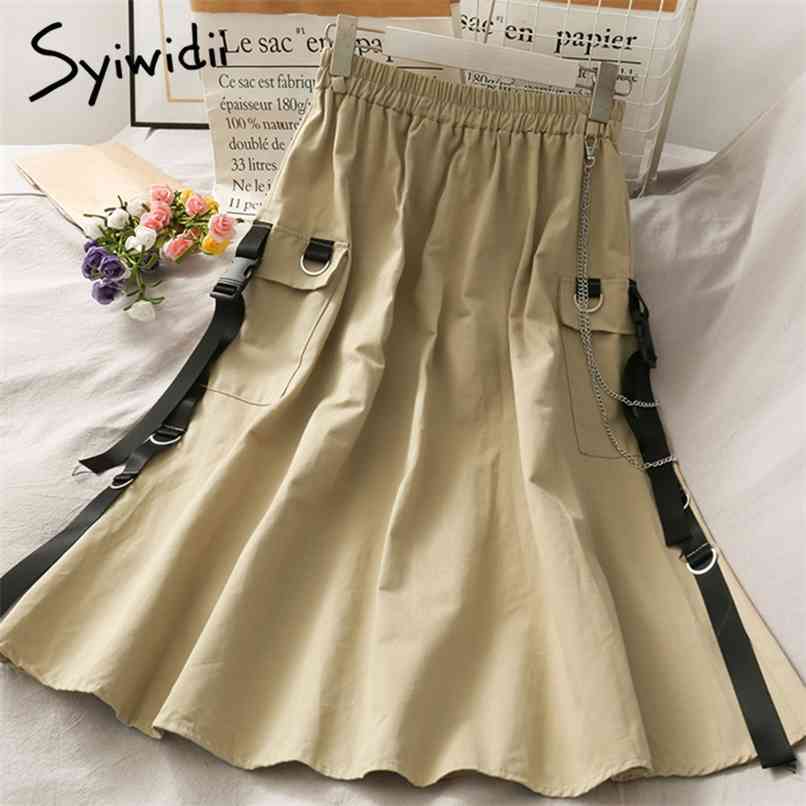 

Chain Elastic High Waist Skirt Women Mid-Calf Casual A-Line Solid Black Spring Summer Korean Fashion Skirts 210607