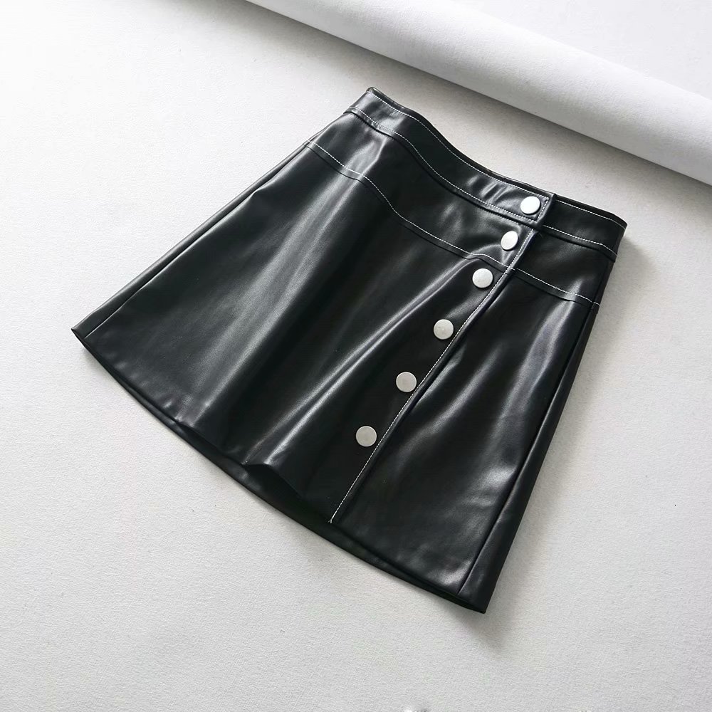 

skirts Autumn Design Single Breasted High Waist Slim Short Black Skirt Buttons A-line Faux Leather Mini Skirts
