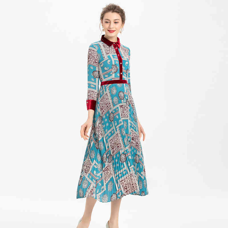 

Velvet Stitching Print Bohemia Long-Sleeved Single-Breasted Pleated Shirt Mid-Length Dress Spring And Summer New High-Quality, Black;gray
