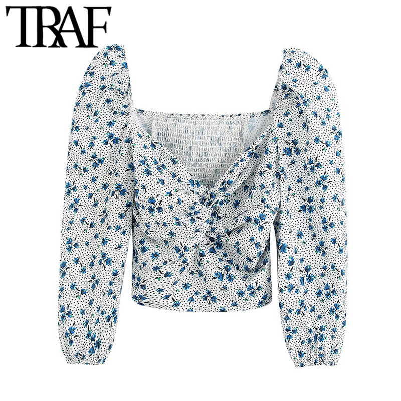

TRAF Women Fashion Floral Print Cropped Blouses Vintage Three Quarter Sleeve Back Stretch Female Shirts Blusa Chic Tops, As picture