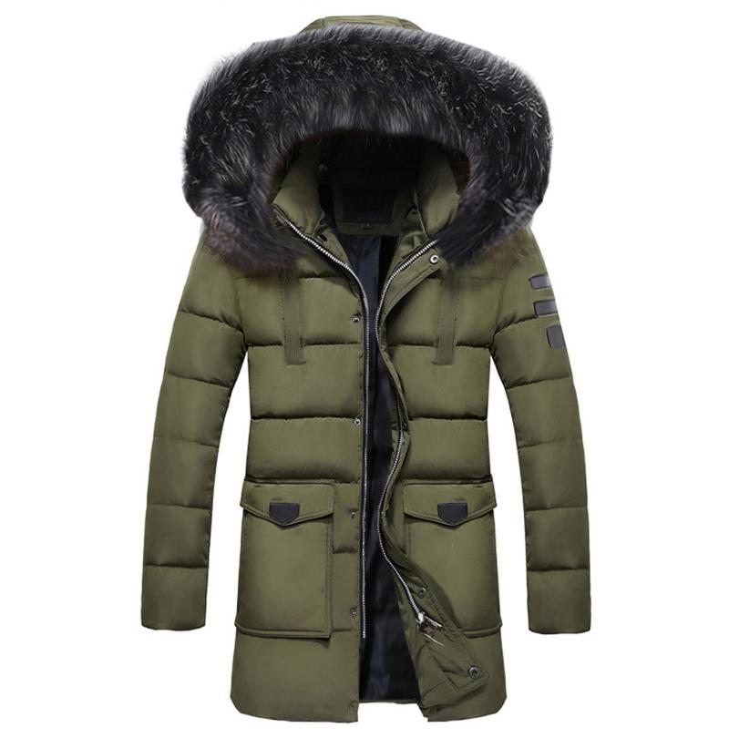 

Men's Winter Medium Length Zipper Jackets With Fur Hat Removable Design Cotton Outwear Thickened Warm Down Coat Man, Black