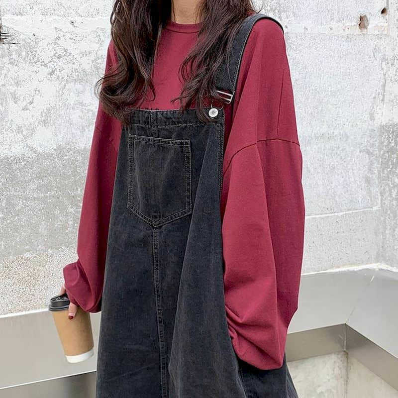 

Strap Dress Baggy Large Size Mid-length Covering Belly Age Reduction Denim Skirt Female Preppy Style High Street 210526, Black