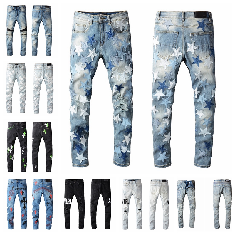 

Hot Amiry Men Distressed Ripped Biker Jeans Slim Fit Motorcycle Biker Denim For Men Fashion Designer Hip Hop Mens Jeans, 650