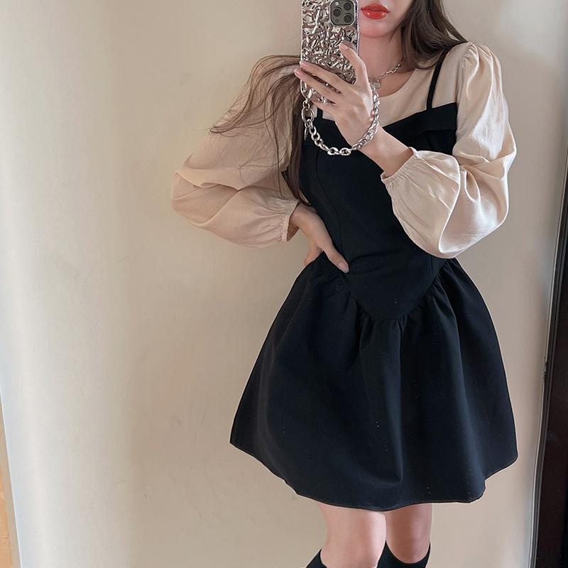 

Casual Dresses Loose Autumn O Puff Long Sleeve Fake Two Piece Dress Mini Vestidos Mujer Retro High Waist Ball Gowns Hit Patchwork, Black;gray