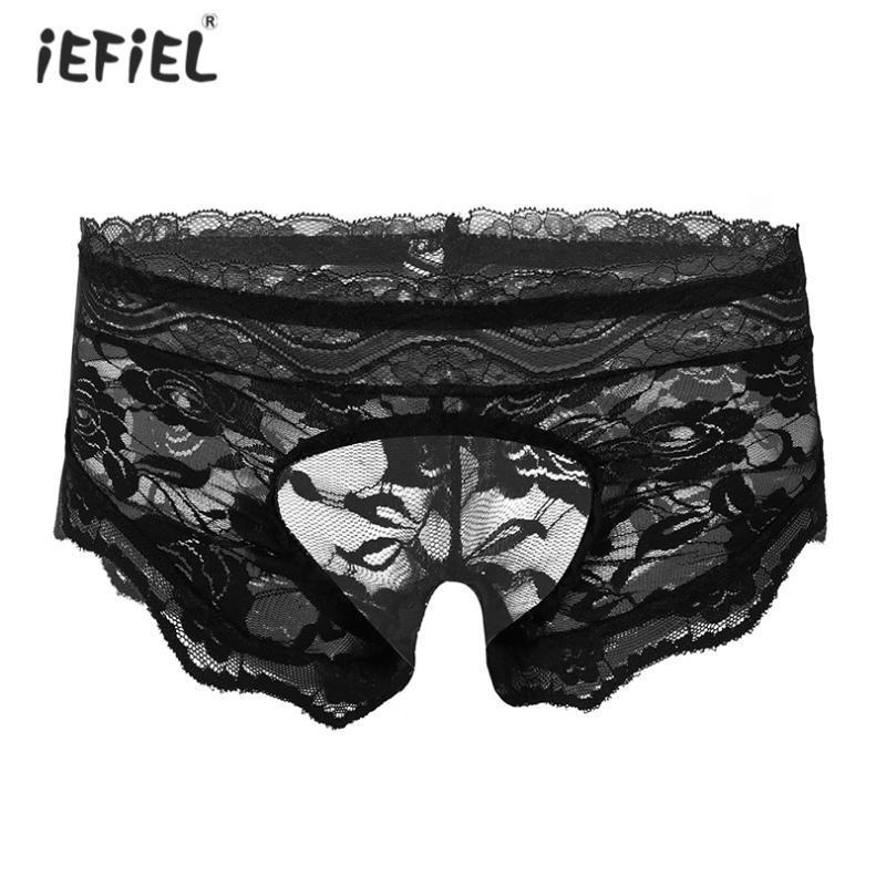 

Underpants Gay Men Lingerie Sissy Panties Crotchless See-through Lace Briefs Underwear Open Crotch Boxer For Sex Nightwear, Black