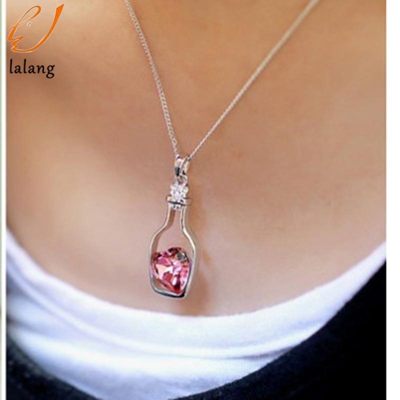 

Pendant Necklaces Colorful Fashion Statement Necklace Drift Bottle Jewelry Crystal Heart Women, Silver