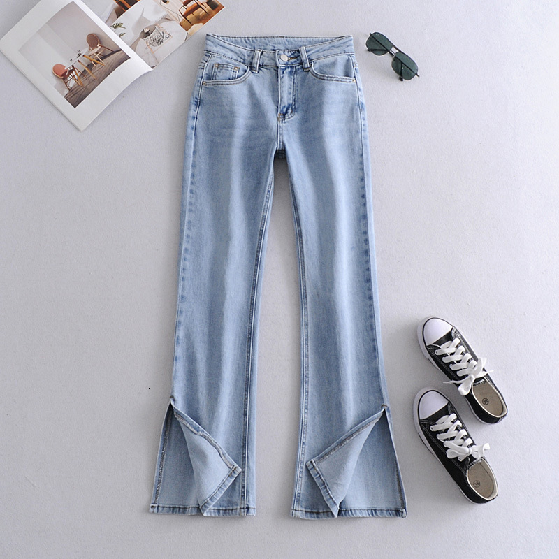 

women's jeans trendy retro horn slit high waist spring and autumn new loose scratch pattern washed slim stretch trousers kxqk, Blue