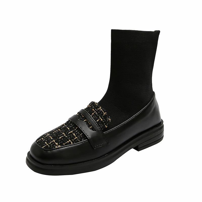 

Boots Womens 2021 Fall/winter Stretch Sock Student Short Plus Velvet Size Small Leather Shoes, Black single