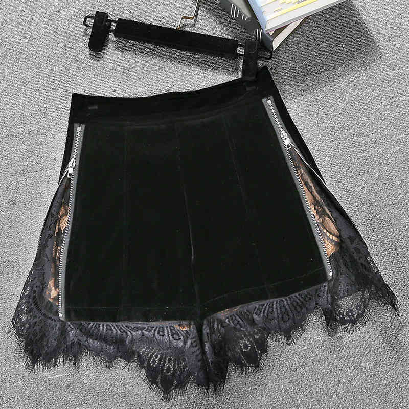 

Autumn Summer Women Velvet Wide Leg Shorts Black Lace Edge High Waist Slim Western Style A- Line RC019 210525