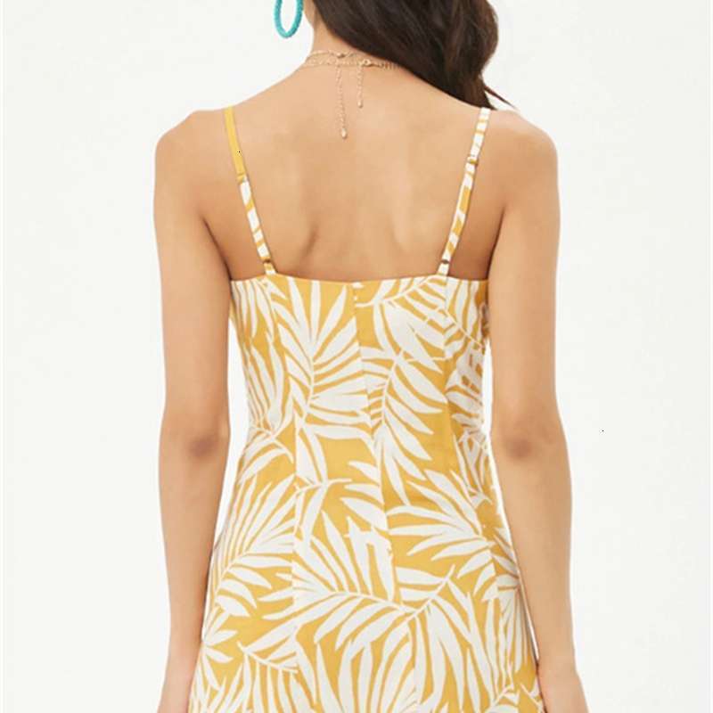 

8760# wind Dresses Casual leaf print suspender dress for summer (), Yellow