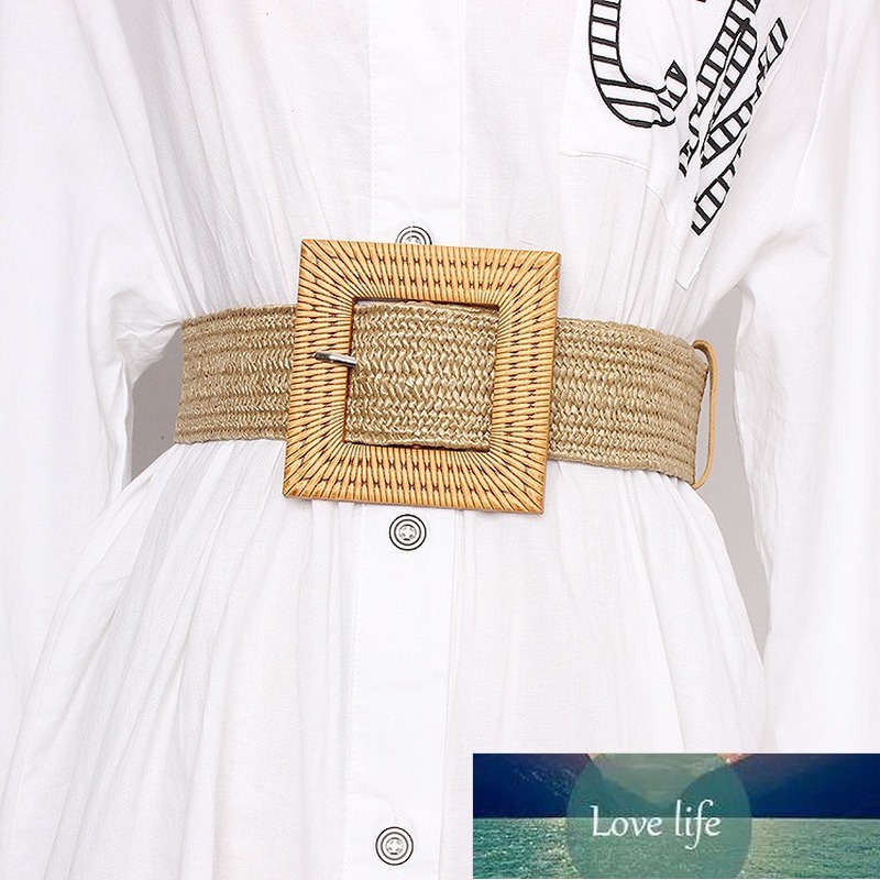 

Summer New Women's Beach Bohemia Elastic Belt Girdle Square Bucklet Braided Belt Summer Dress Women Korean Fashion Strap, Khaki