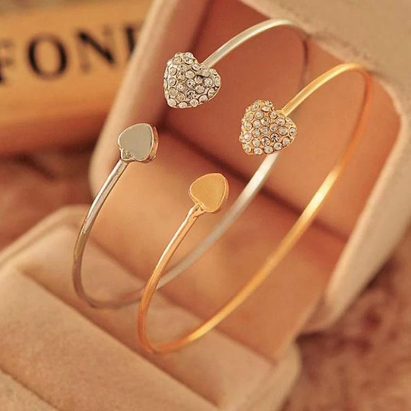 

Bangle Women's Silver/Rose Gold Heart Bracelet Open Plated Love Double Charm Bracelets For Women Jewelry