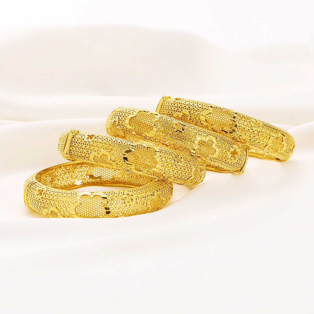Bracelet à fleurs ouvrants, 60mm, design sculpté en creux, bijoux classiques, or fin 24K, GF, vente en gros, cadeau élégant, 4 pièces