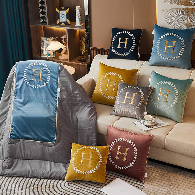 

Pillow quilt dual-purpose embroidery sofa car cushion Dutch velvet folding creative pillow advertising gift, Big h sapphire