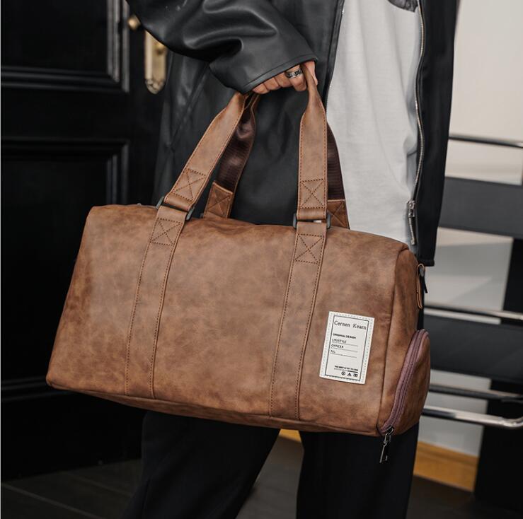

Factory wholesale men leather bags Joker solid color business travel handbag personality wet and dry separation sports fitness bag outdoor leisure plaid backpack, Black11