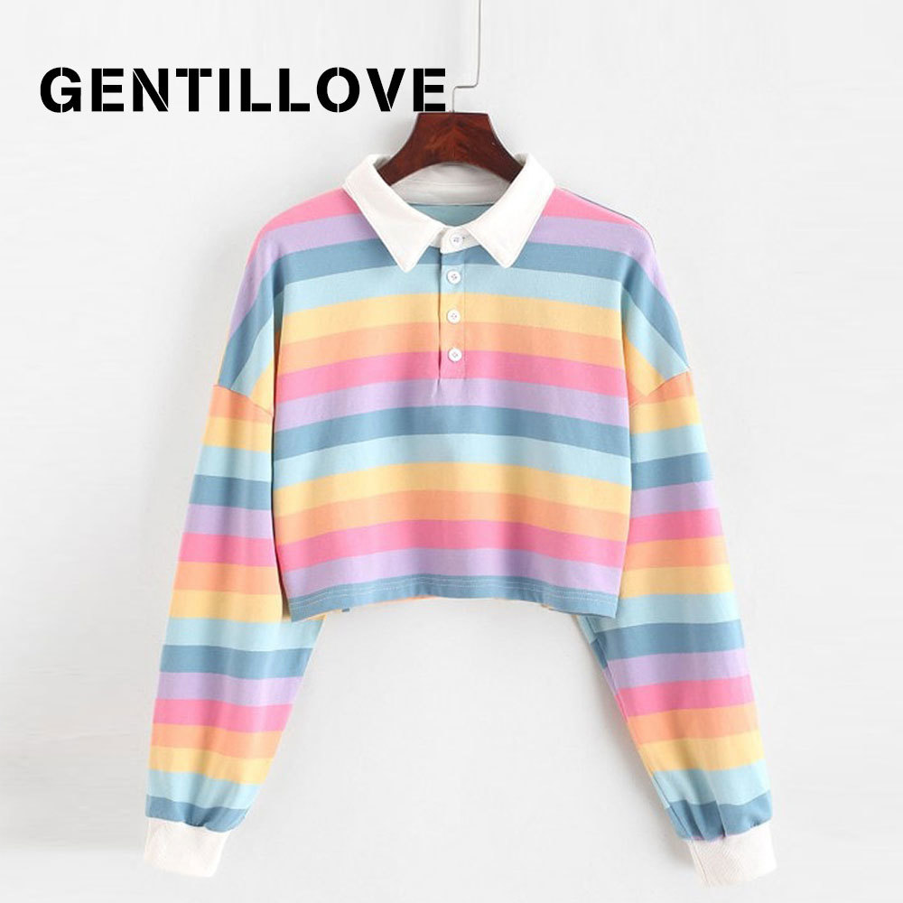 

Long Sleeve Rainbow Color Ladies Hoodies With Button Striped Korean Harajuku Sweatshirt Polo Shirt Women Sweatshirt 210421, Pink