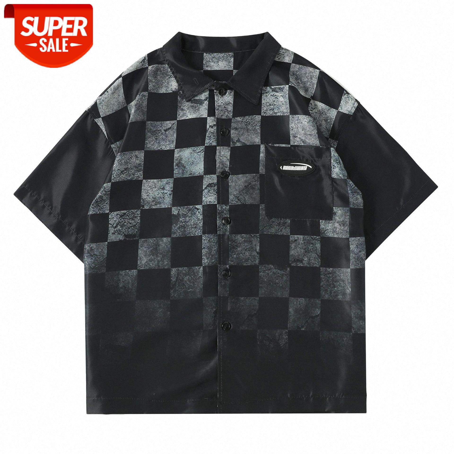 

Dark Style Gradient Checkerboard Print Short Sleeve Shirt Men's Loose Fit Top #pU04, White;black