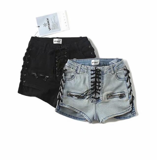 

Women' Shorts Gray Stretch Side Slit Lace Up Knot Strap Skinny Sexy Denim Women High Waist Zipper Self Tie Wrap Micro Summer Gym, Light gray and white