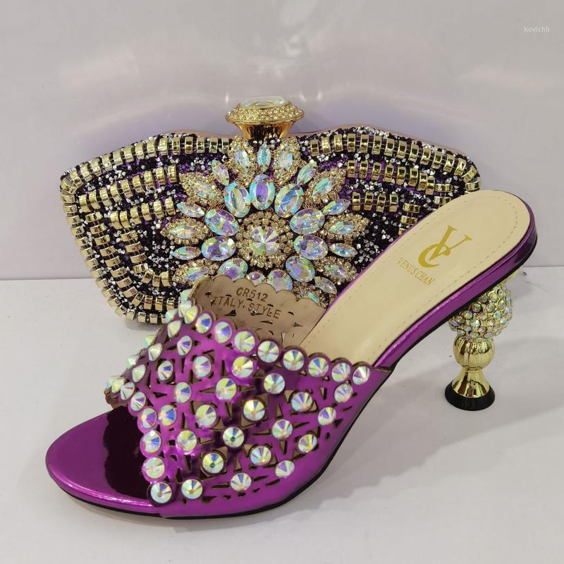

Coming Nigerian Women Shoes And Bag Set In Purple Color High Quality Shinning Crystal Slipper For Wedding Party Dress, Gold