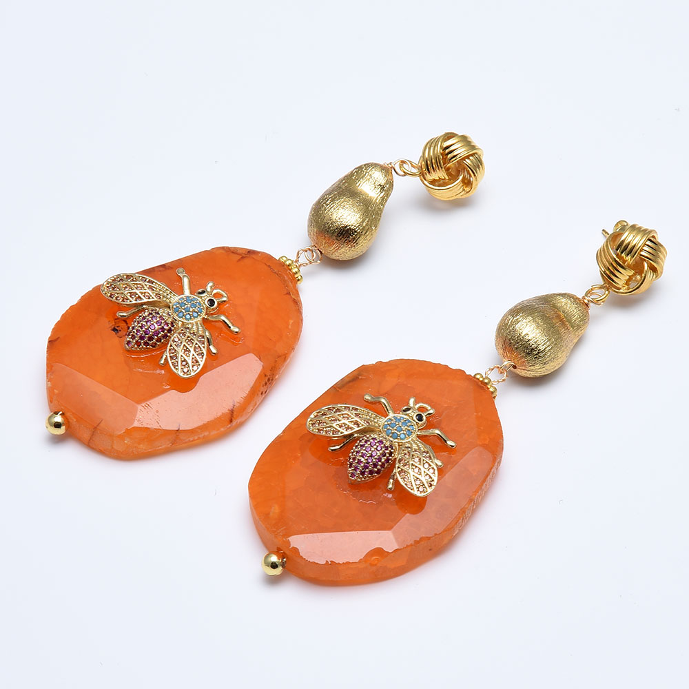 

GuaiGuai Jewelry Natural Orange Slice Agates CZ Pave Bee Inset Gold Color Plated Stud Dangle Earrings Handmade For Women