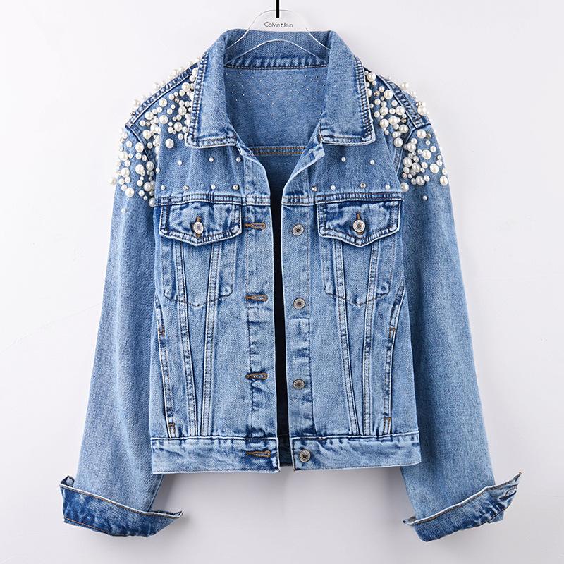 

Women' Jackets Women Pearl Beading Short Denim Turn-down Collar Jean Jacket For Loose Casual Long Sleeve Vintage Coat Female, Blue