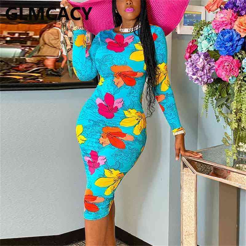 

Women Floral Printed Bodycon Dress Long Sleeve Elegant Evening Party Midi Dress 210630, Blue