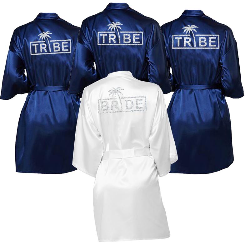 

Women's Sleepwear Wedding Party Bride& Bride Tribe Robe Glitter Silver Printing Coconut Tree Pattern Kimono Satin Pajamas Custom Robes 10 Co, Bride-champagne