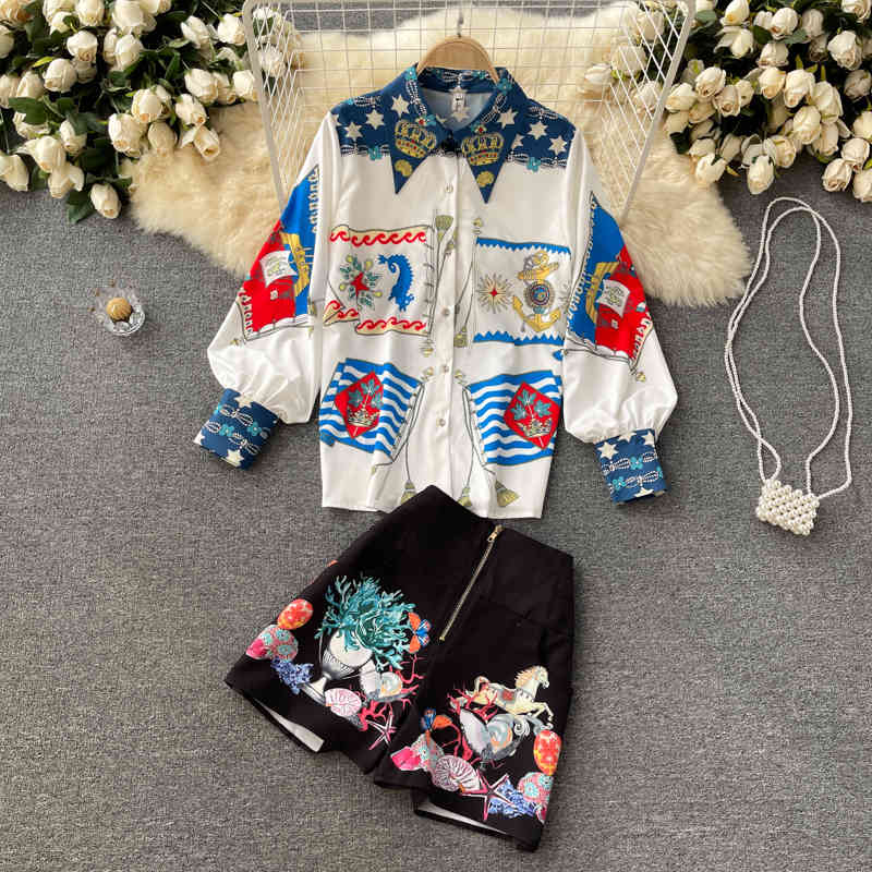 

Women Printing Lapel Puff Sleeve Shorts Arrivals Two Piece Set Fashion Temperament Spring Summer 11D589 210525, Picture color