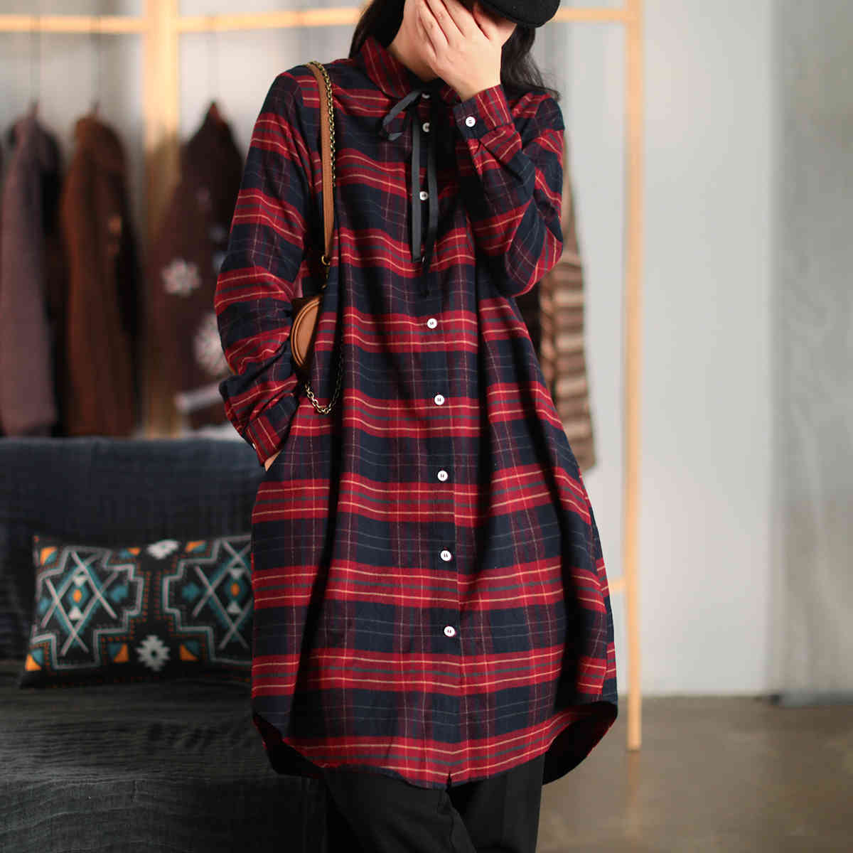 

Johnature Turn-down Collar Plaid Blouses Bow Casual Loose Vintage Tops Winter Women Cotton Mori Girls Shirts 210521, Gray