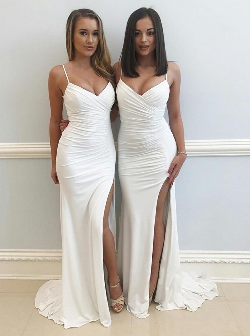 

Elegant Bridesmaids Formal Dresses V Neck Spaghetti Straps Prom Dress Mermaid Evening Party Gowns With Slit Split Front Side