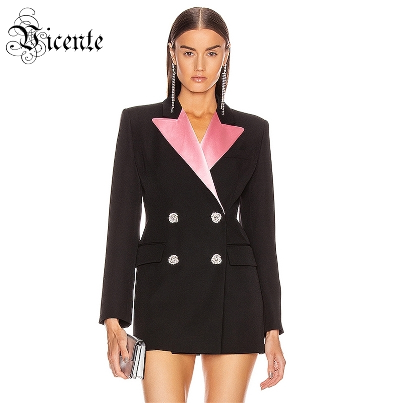 

Stylish Women Mini Dress Color Block Elegant Crystal Button Design Turn-down Collar Celebrity Party Club Vestido 210520, Multi