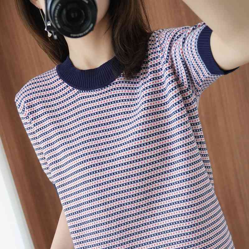 

Fashion Women' Knitwear Summer Striped Pure Cotton Knit Short Sleeve T-shirt Thin Loose Linen Top 210520, Mixed color