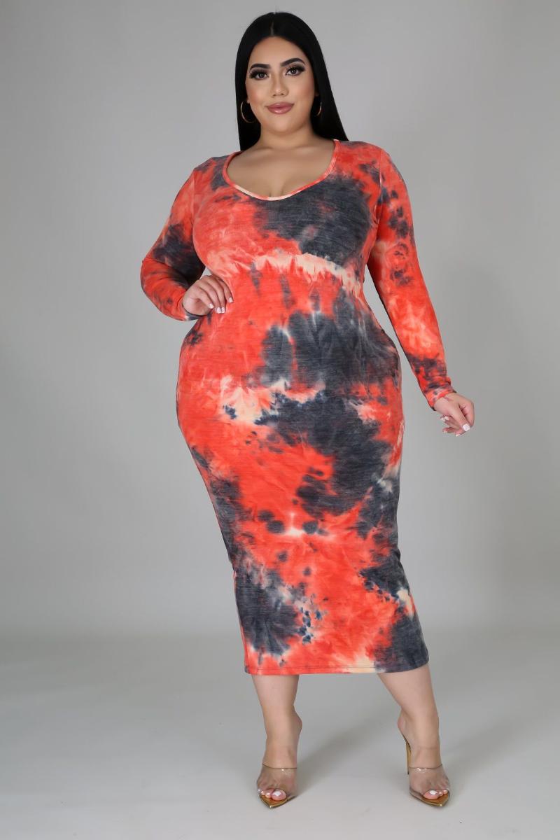 

Plus Size Dresses ChocoMisty-LadyPlus Plus-size Round Neck Tie-dye Back Split Midi Dress, Leopard print