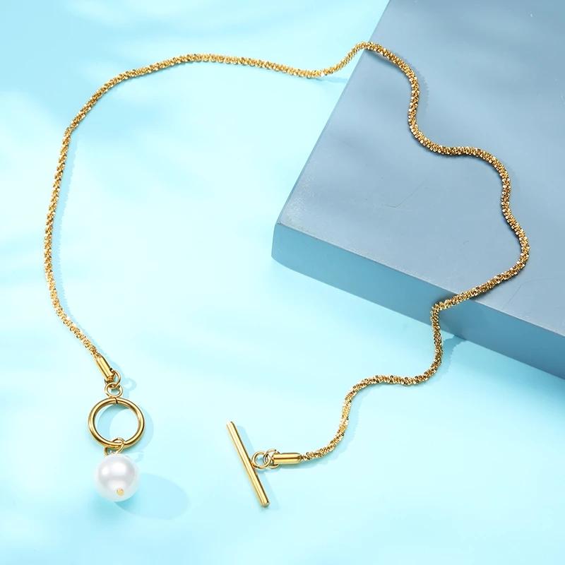 

Chokers Natural Shell Pearl Necklace For Women Stainless Steel Chain Toggle Gold/Silver Color Metal Bling Choker Collier
