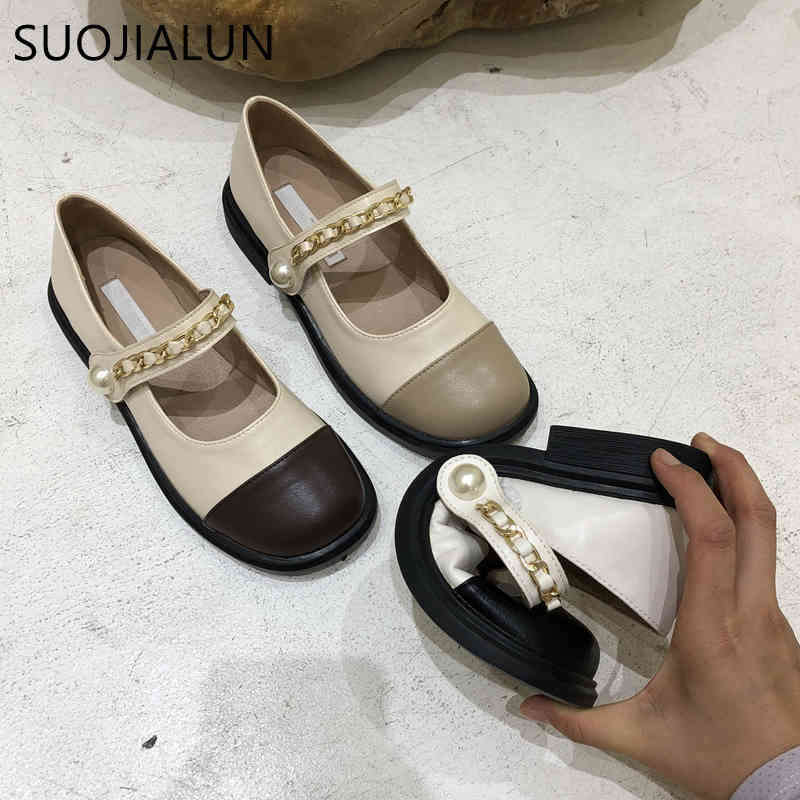 

SUOJIALUN 2021 Autumn Luxury Chain Round Toe Shallow Flats Shoes Fashion Hook&Loop Loafers Casual Brand Design Mary Janes Shoes K78, Black
