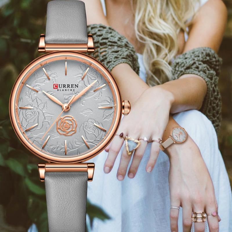 

Wristwatches CURREN Charming Clock Women Quartz Leather Beautiful Flower For Elegant Ladies Watches, Gray