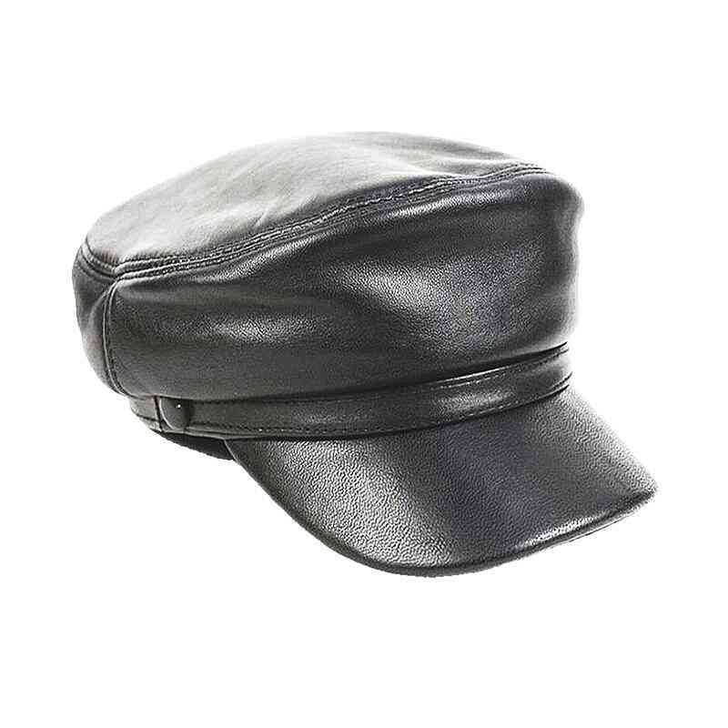 

Factory Wholale Price Men's Genuine Black Sheep Leather Warm Hat Navy Hat Flat Cap, Black size s