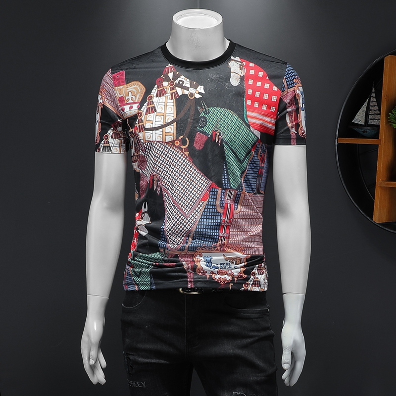 Summer men&#039;s tiger head top 3D graffiti digital printing short-sleeved T-shirt domineering pattern half-sleeved T-shirt ice silk trend casua-image-704965735