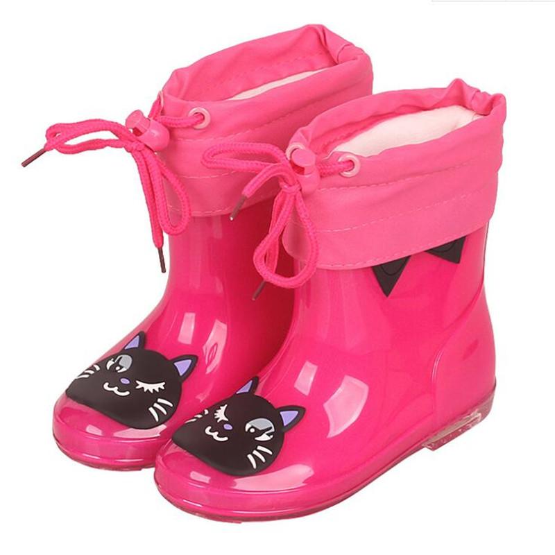 

Children Rubber Rain Boots Kids PVC Baby Girls Cute Cat Plus Cotton Shoes Pink Waterproof Ankle Size 24-28, Black;grey
