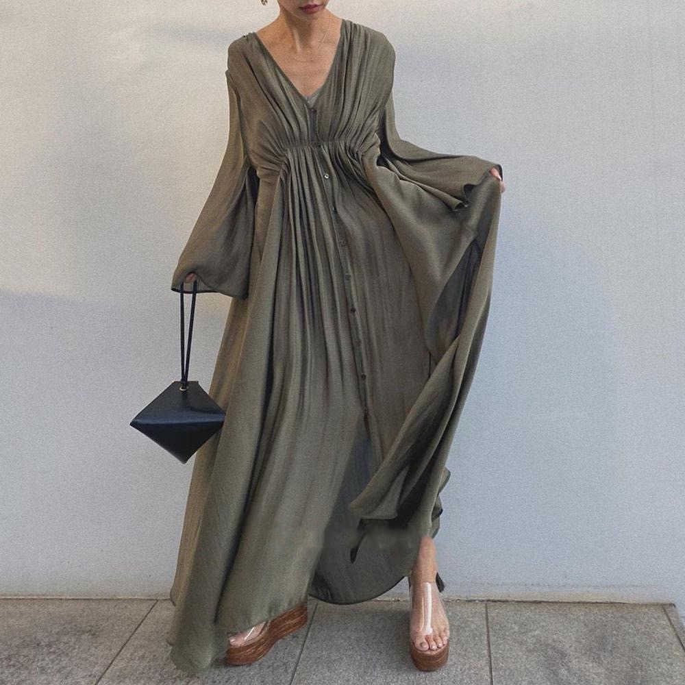 

Vintage Solid Loose and Plus-sized Flare Sleeve Draped Shirt Dress Autumn V-neck Long Women 210615, Green