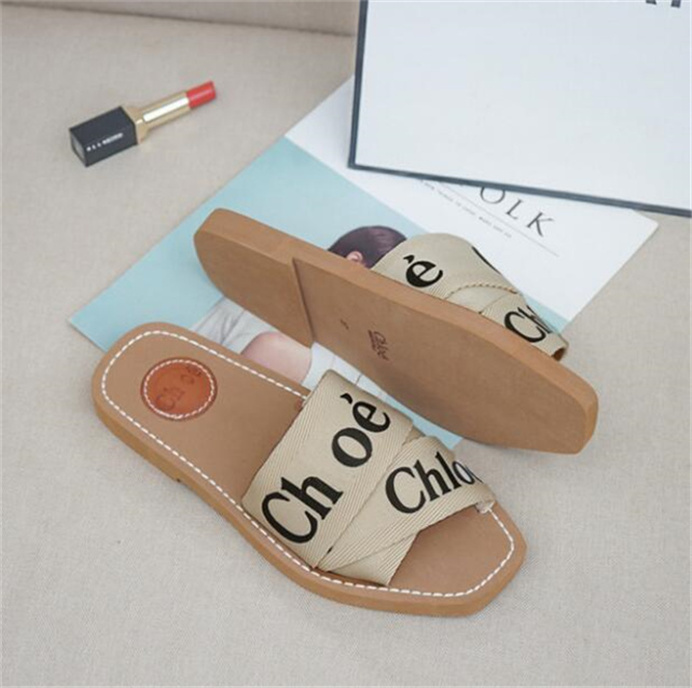 

Newest Branded Women Woody Mules Fflat Slipper Deisgner Lady Lettering Fabric Outdoor Leather Sole Slide Sandal 35-42, Black