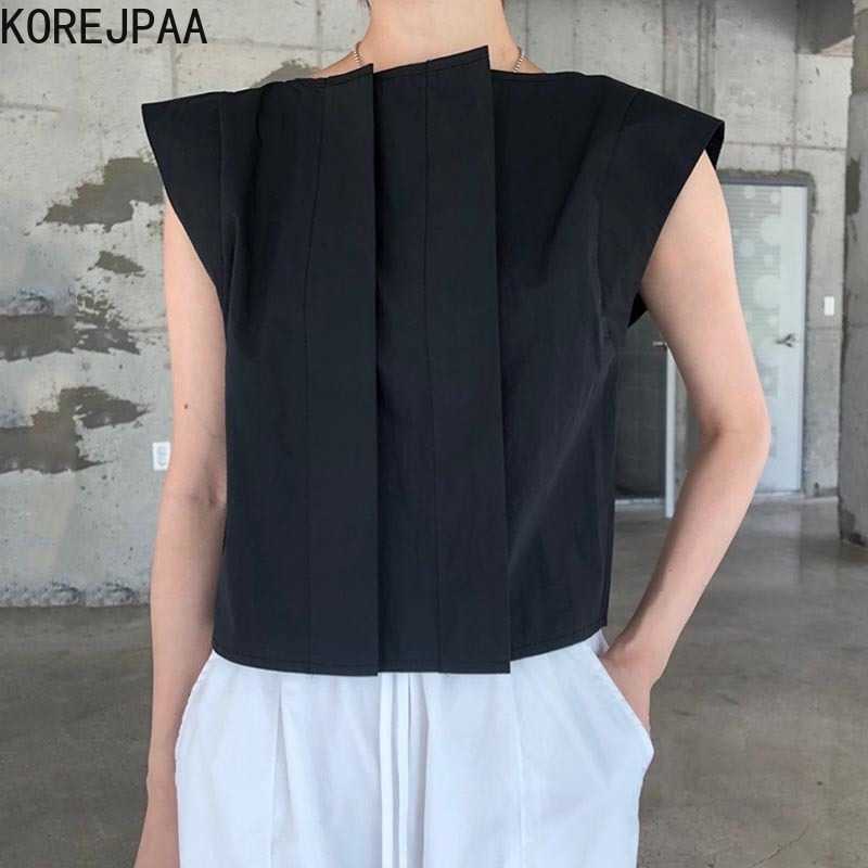 

Korejpaa Women Shirt Summer Korean Chic Ladies Simple Cool Style Three-Dimensional Pleated Design Flying Sleeves Blouses 210526, Black