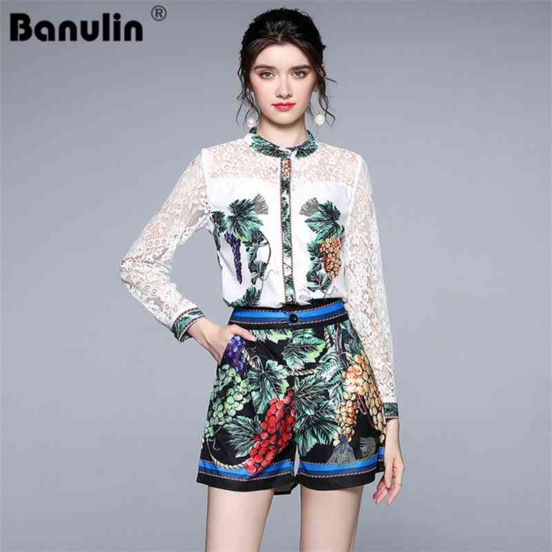 

Banuin Runway Summer Shorts Suit Women Long Sleeve Grape Print Lace Patchwork Tops and Vintage A-Line Short 2 Pieces Set 210603, The picture color