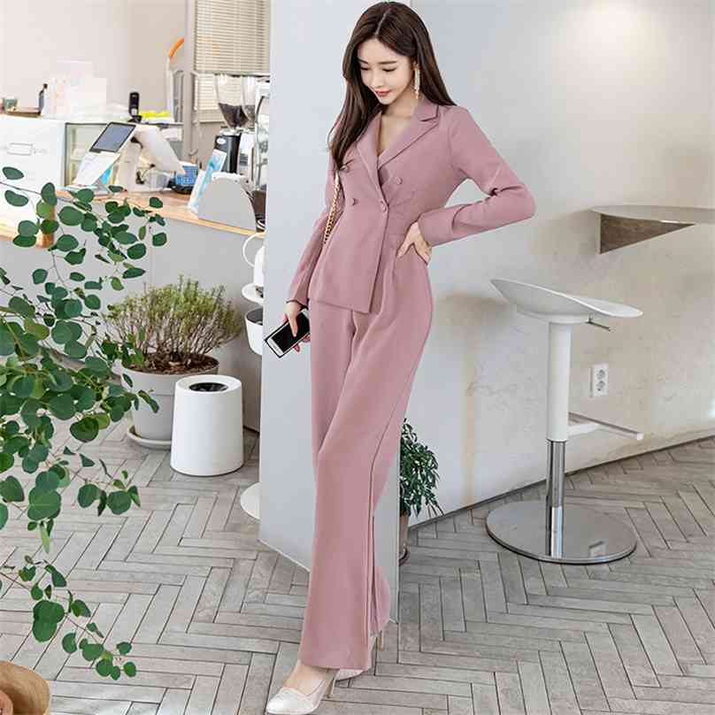 

Pink jumpsuit Ladies Korea Long Sleeve double-breasted Wide Leg Playsuits Casual Work Wear Rompers for women 210602, Beige
