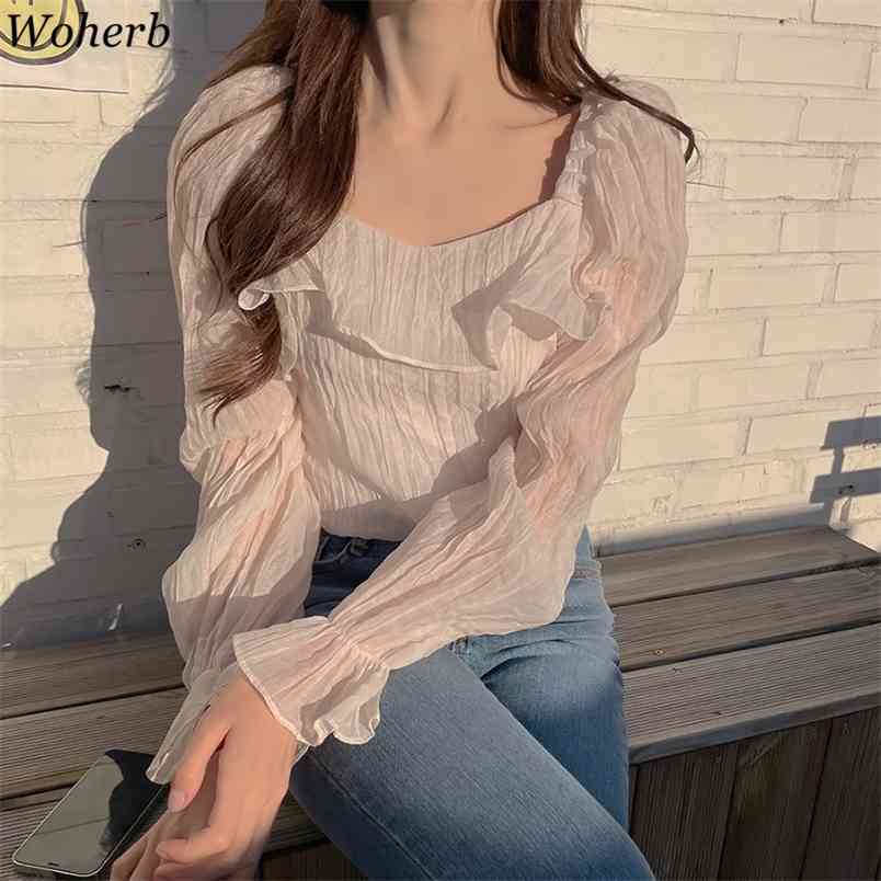 

Spring Korean Chic Tops Blouse Flare Sleeve Cute Sweet Lady Shirts Fashion Pleated Square Collar Ruffles Blouses Femme 210519, Blue