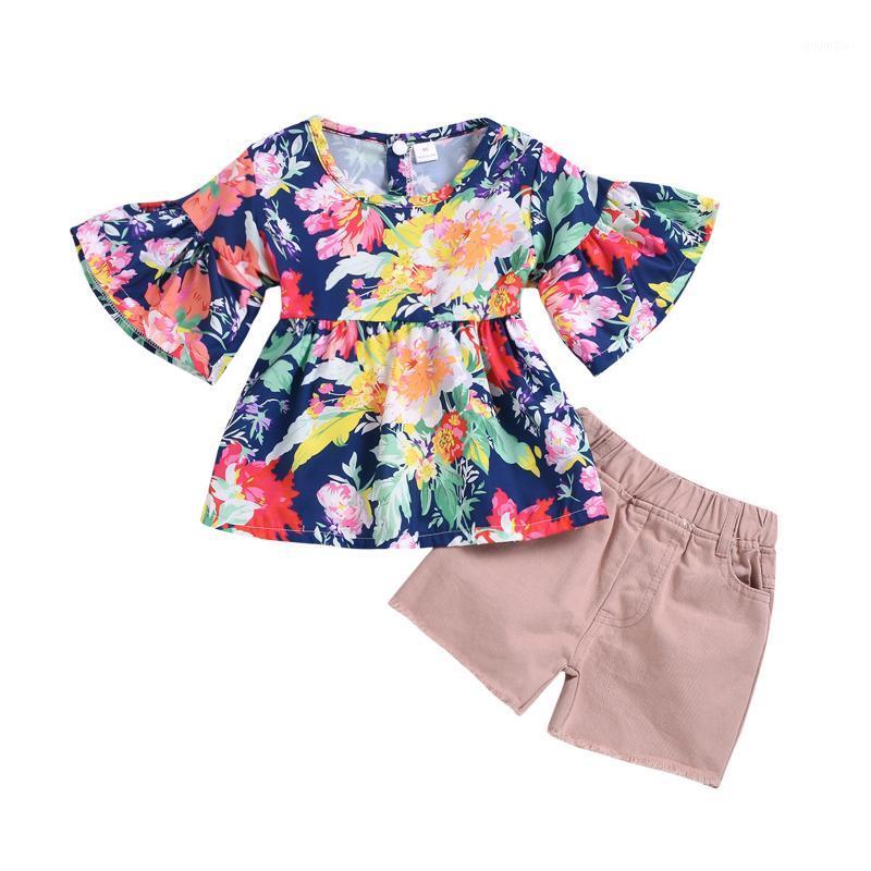 

Clothing Sets Kids Girls Fashion 2-piece Outfit Set Flare Sleeve Floral Tops+Shorts For Children Baby, White