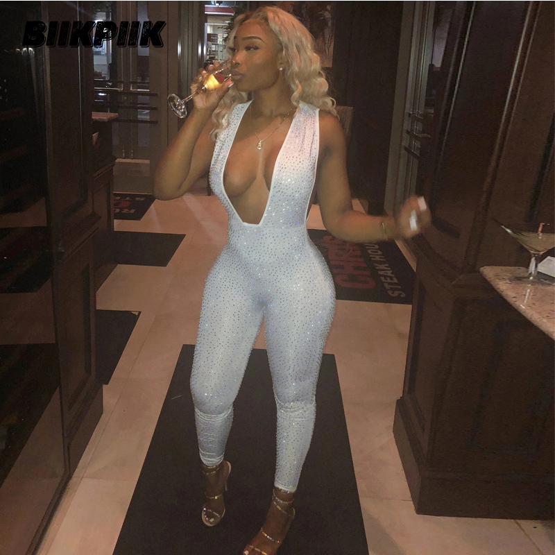 

BIIKPIIK Skinny V-neck Crystal Solid Womens Jumpsuits Fashion Sexy Sporty Fitness Jumpsuit For Women Workout Bodycon Bodysuit, Black