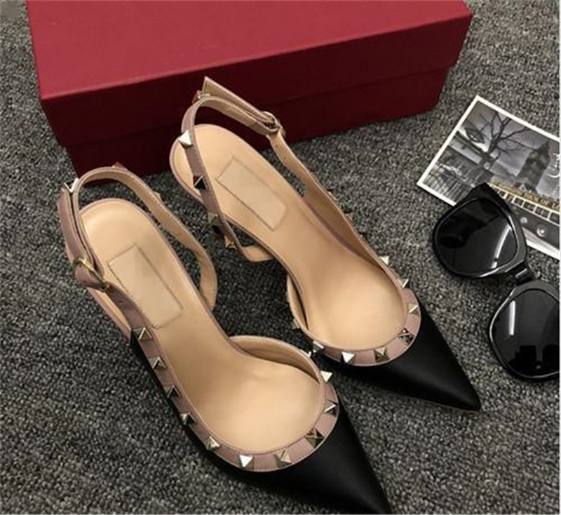 

rivets Sandals Designer Red Bottom Shoese with Studs high heels genuine Leather rock Women Studded Strappy Dress Shoes slingbacks pumps+box 66